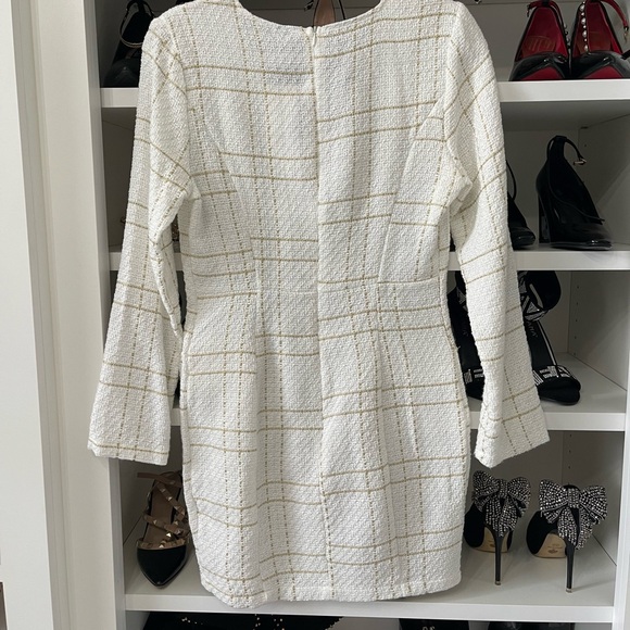 New  White Gold Tweed Dress Long Sleeve Ornamental Buttons Back Zip S - Picture 9 of 14